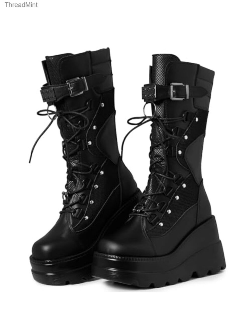 GOTH PLATFORM MID CALF LACE-UP BOOTS WOMENS 3.75IN HEEL PU